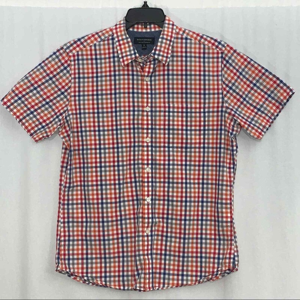 Banana Republic Shirt Mens M Red Blue Plaid Soft Wash Standard Fit